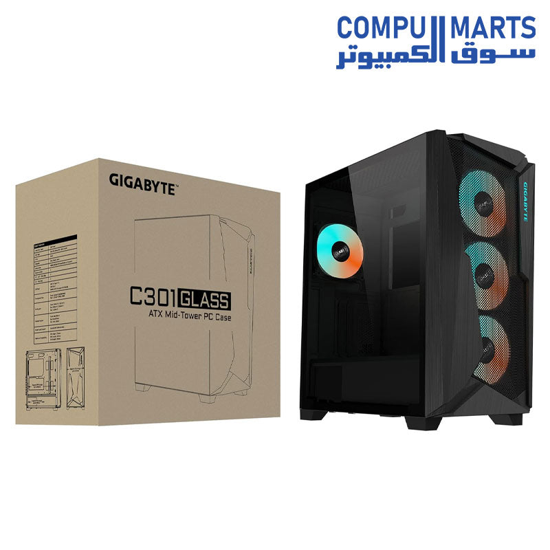 GIGABYTE C301 Glass - Mid Tower PC Gaming Case, Tempered Glass, USB Type-C, 4X ARBG Fans Included (GB-C301GW)