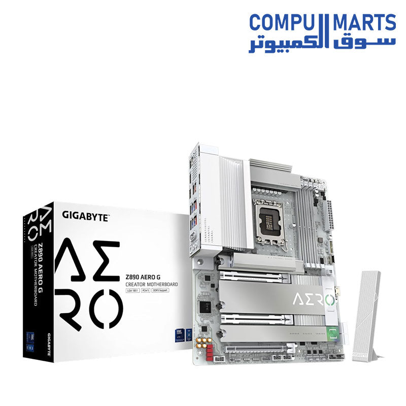 جيجابايت Z890 AERO G، مقبس Intel LGA 1851، حجم ATX، 4 فتحات DDR5، 5 منافذ M.2، PCIe 5.0، واي فاي 7، منفذا LAN بسرعة 2.5 جيجابت، لوحة أم