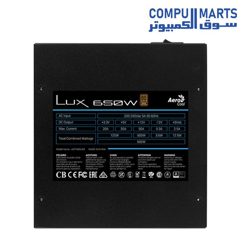 LUX-650W-POWER SUPPLY-AEROCOOL-230V-APFC-UK-Box