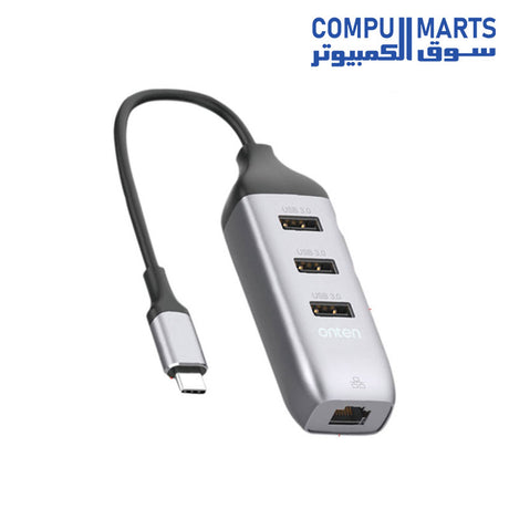 95118R-Hub-Onten-USB-C-to-3-USB-3.0-Hub-With-Gigabit-Ethernet-Adapter