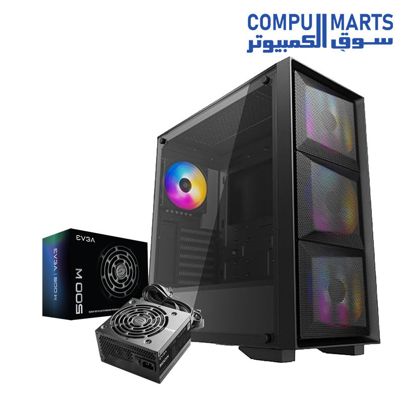 MATREXX-50-MESH-CASE-DEEPCOOL-4Fan-120MM-LED-RGB-EVGA-Power Supply-500W